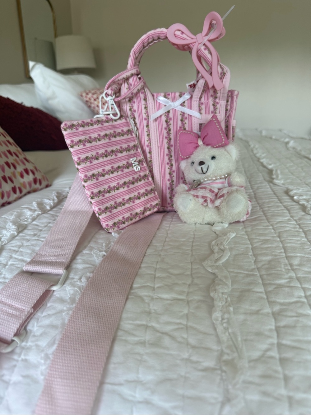 Madden Girl Pink Striped Mini Tote with Matching Pouch and Teddy Charm,